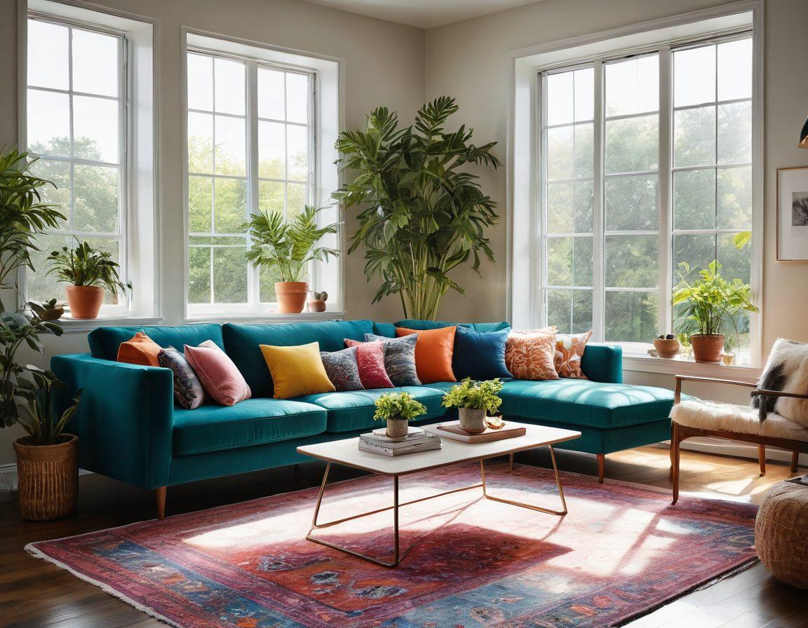 A cozy living room showcasing stylish, affordable furniture such as a modern sofa, chic coffee table, and colorful cushions. Sunlight pours in through large windows, highlighting a soft rug and houseplants that add warmth. The walls are adorned with tasteful art that complements the furniture, creating an inviting atmosphere. The overall vibe is one of comfort and elegance, perfect for a blog about home transformation. super-realistic. vibrant colors. natural lighting.