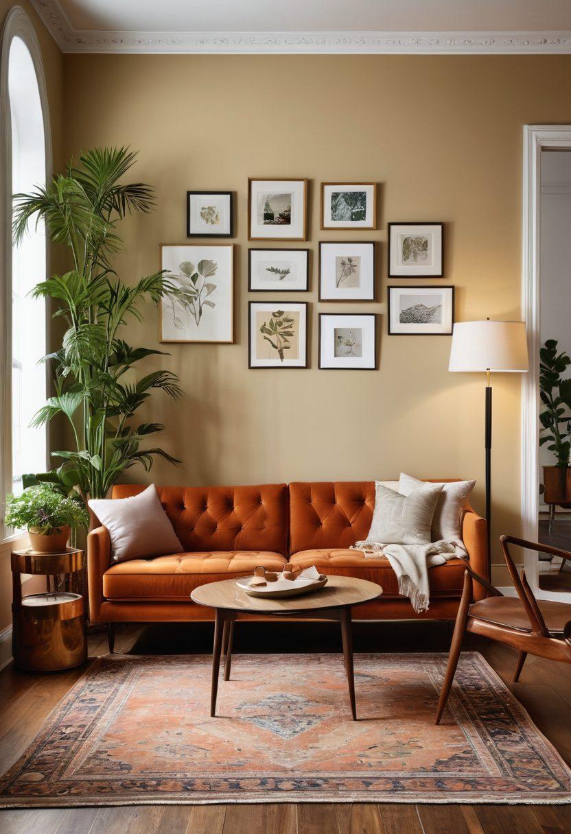 A harmonious blend of modern and vintage furniture styles in a well-lit room, showcasing a sleek contemporary sofa alongside a classic wooden armchair. The backdrop features an elegant gallery wall displaying art from different eras, with a plush rug underfoot and potted plants adding a touch of greenery. Explore rich textures and contrasting colors that evoke diverse aesthetics. warm lighting. super-realistic. vibrant colors.