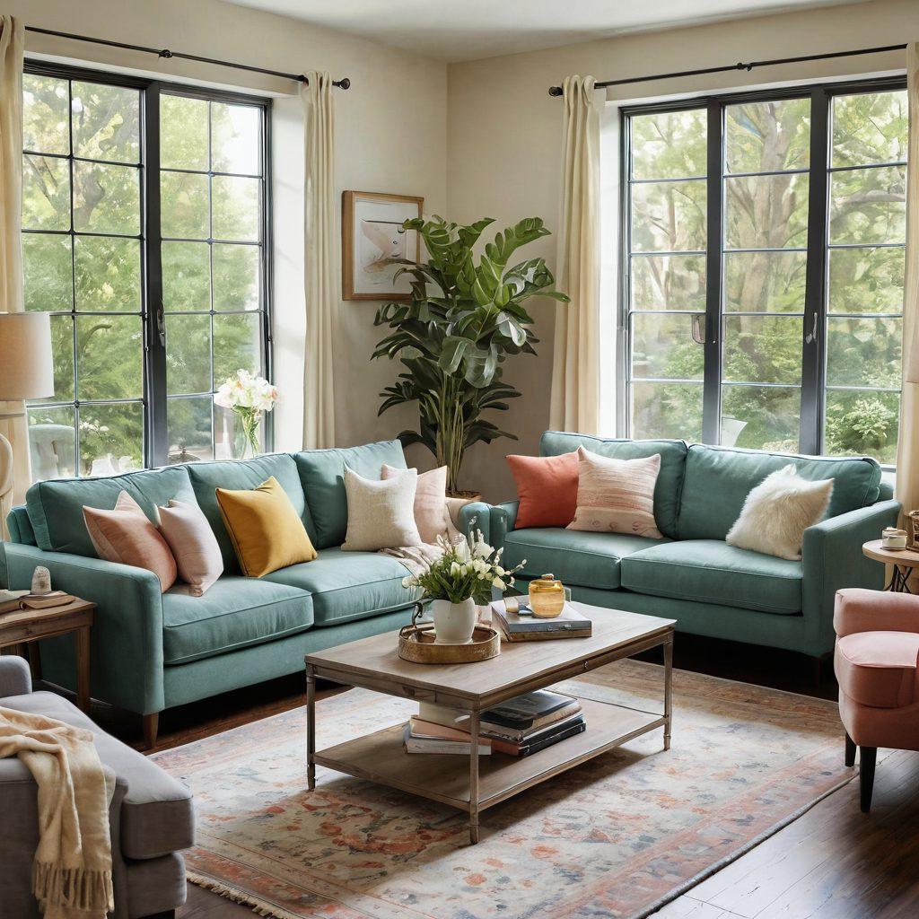 A beautifully arranged cozy living room featuring affordable furnishings, including a stylish sofa, colorful throw pillows, a warm plush rug, and an inviting coffee table set with candles and books. Natural light streams in through large windows, creating a welcoming atmosphere with greenery in the background. Accents like decorative wall art and textured blankets add chic touches, conveying a sense of comfort and trendiness. soft pastels and warm tones. super-realistic. vibrant colors.